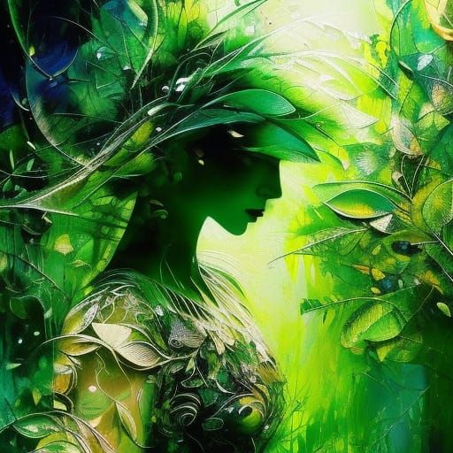 leaf, green monochromatic, harmony with nature, splash art, fluid ...