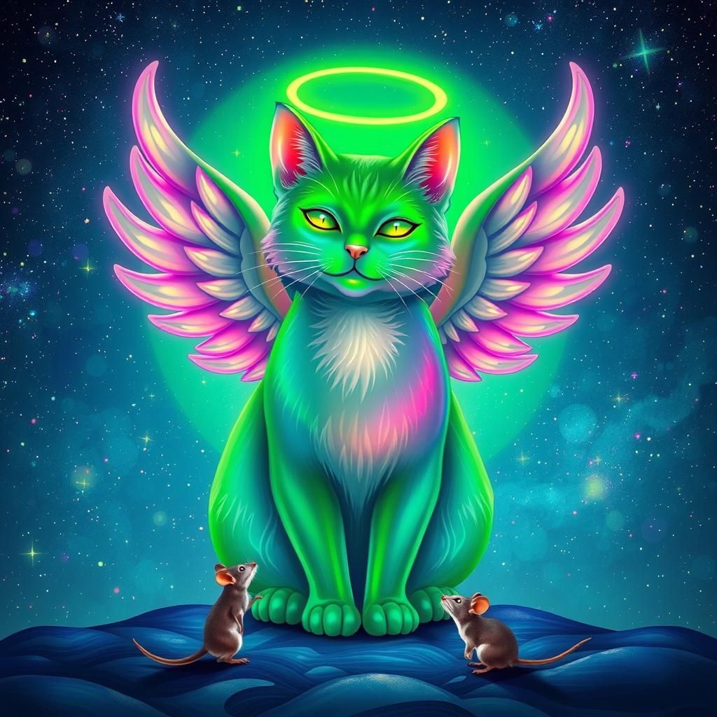 Psychedelic green cosmic zen  angel cat angel at the backgro...