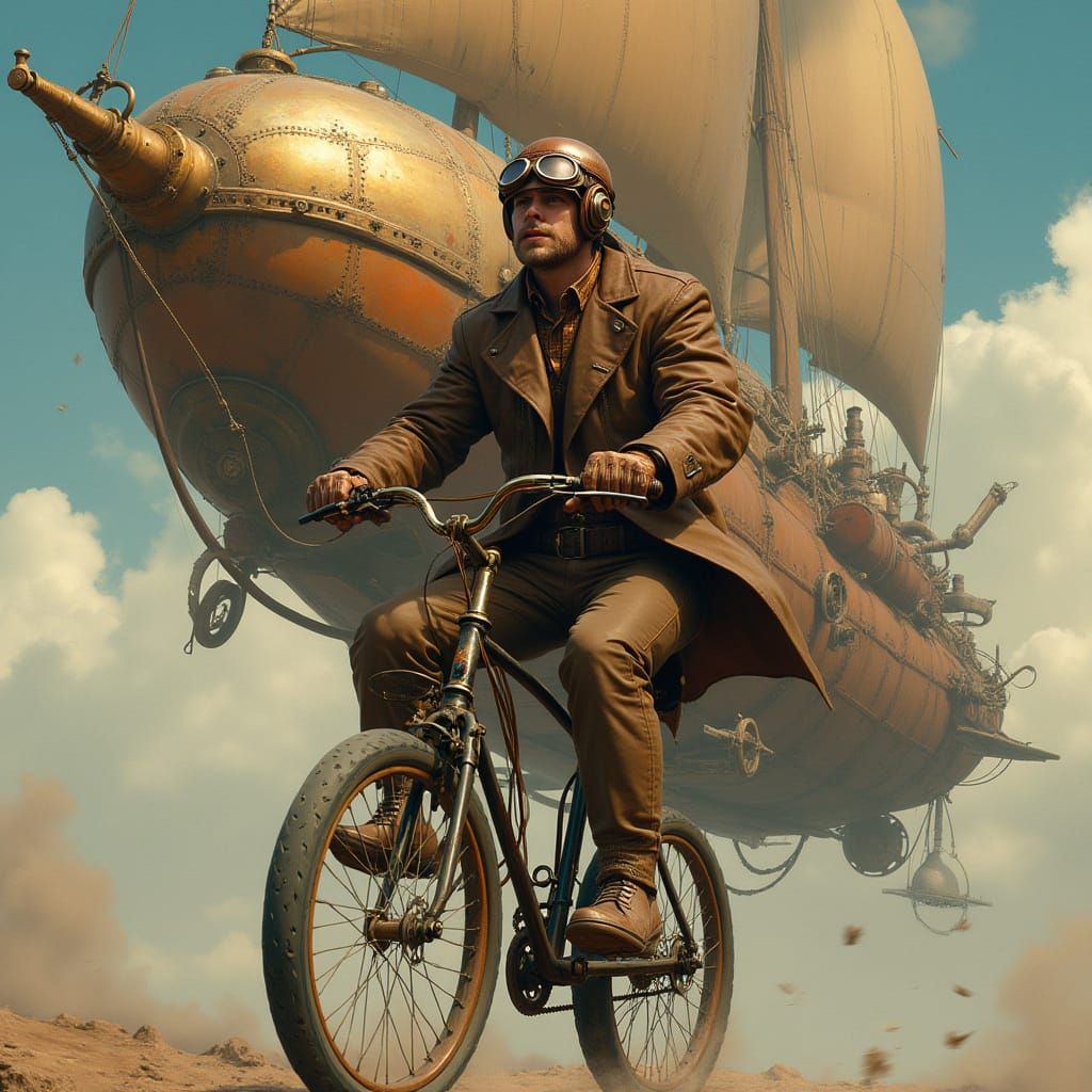 Close in shot of a steam punk inspired man peddling a bicycle hanging below a steam punk inspired airship 
