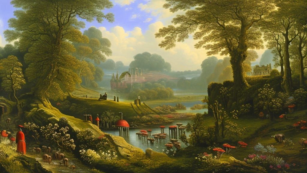 John Constable style landscape, English country forest, peop...