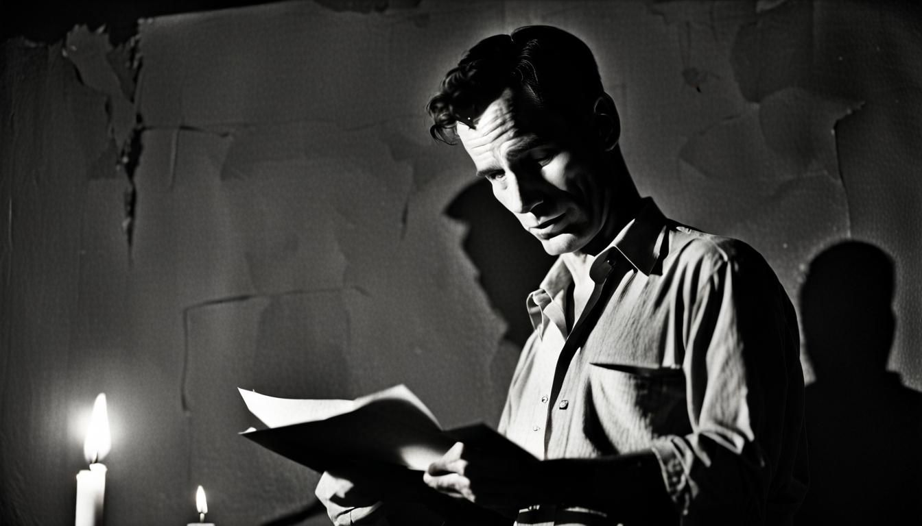 Jack Kerouac standing on stage, reading a poem from a crumpl...