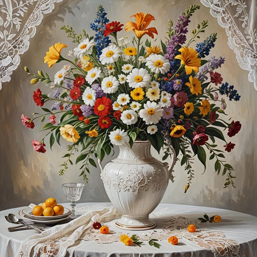 An Oil Painting Of A Large Vase With A Beautiful Bouquet Of Flowers Set 