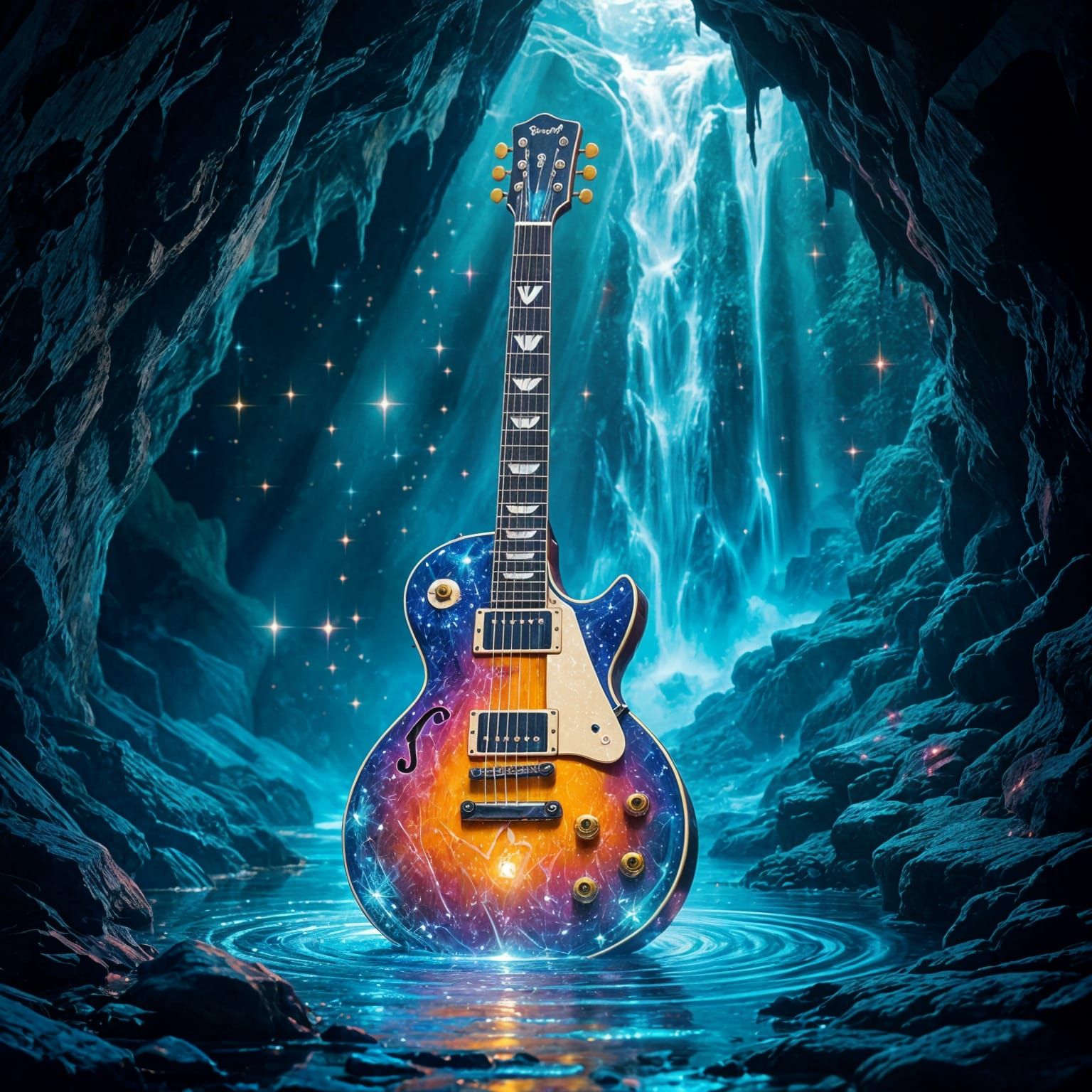 Imagine a lone, crystal Les Paul standing in a hidden grotto, its strings resonating with the mystical energy of the earth. The guitar's bod...