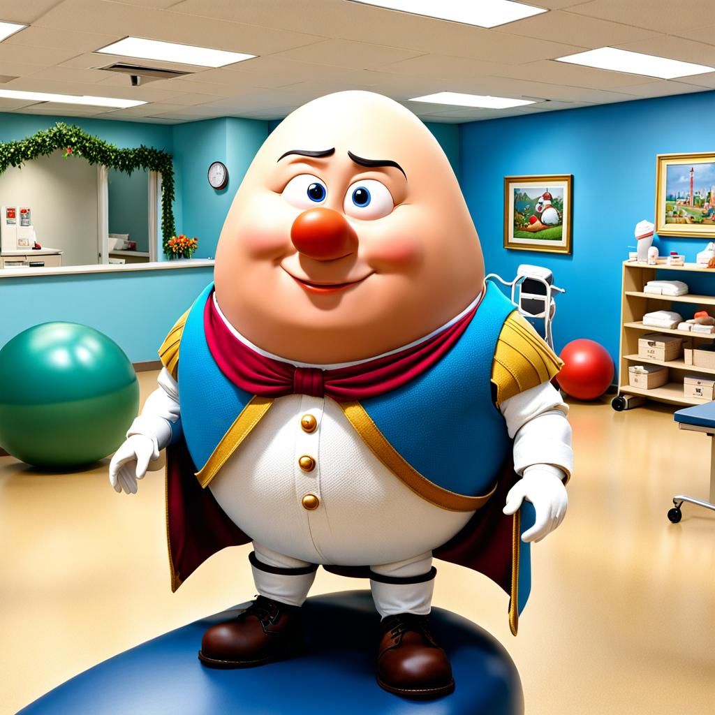 Humpty Dumpty attending physical therapy at the fairy tale hospital