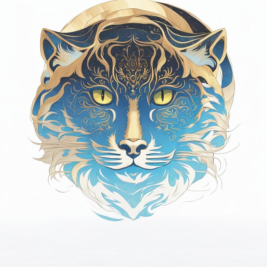 a golden and black cat carved in wood