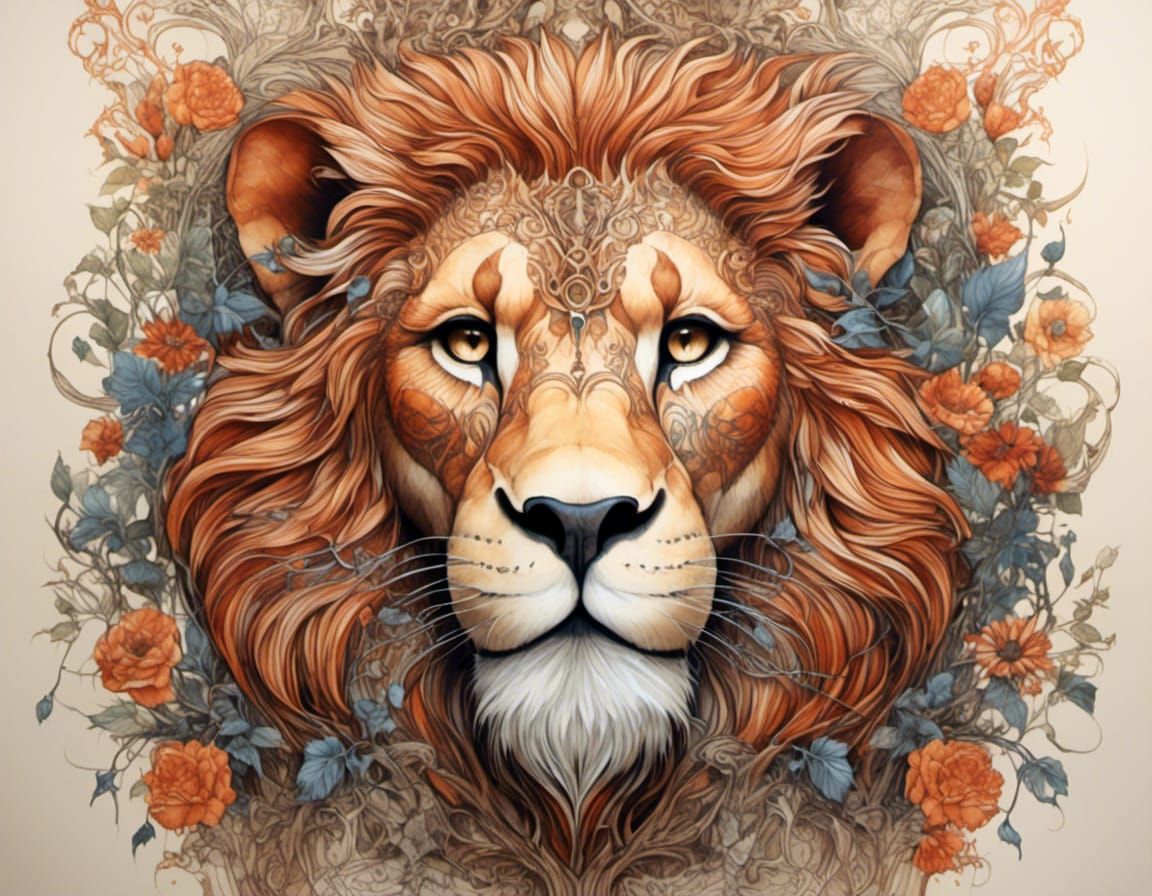 A magestic lion, predominantly terracota colors, background ...