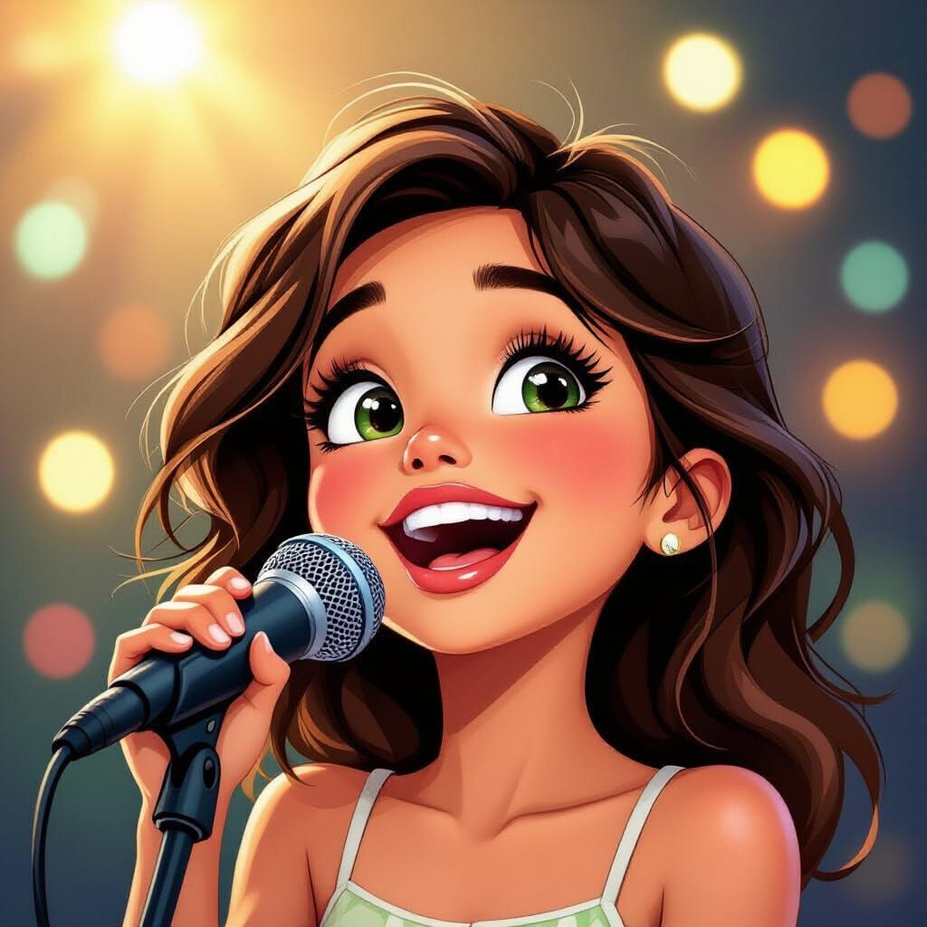 Joyful Girl Sings into Microphone with Bokeh Lights