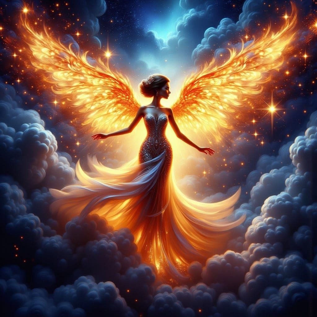 A radiant celestial being floats gracefully in a digital anime painting, its shimmering form captivating viewers with its otherworldly beaut...