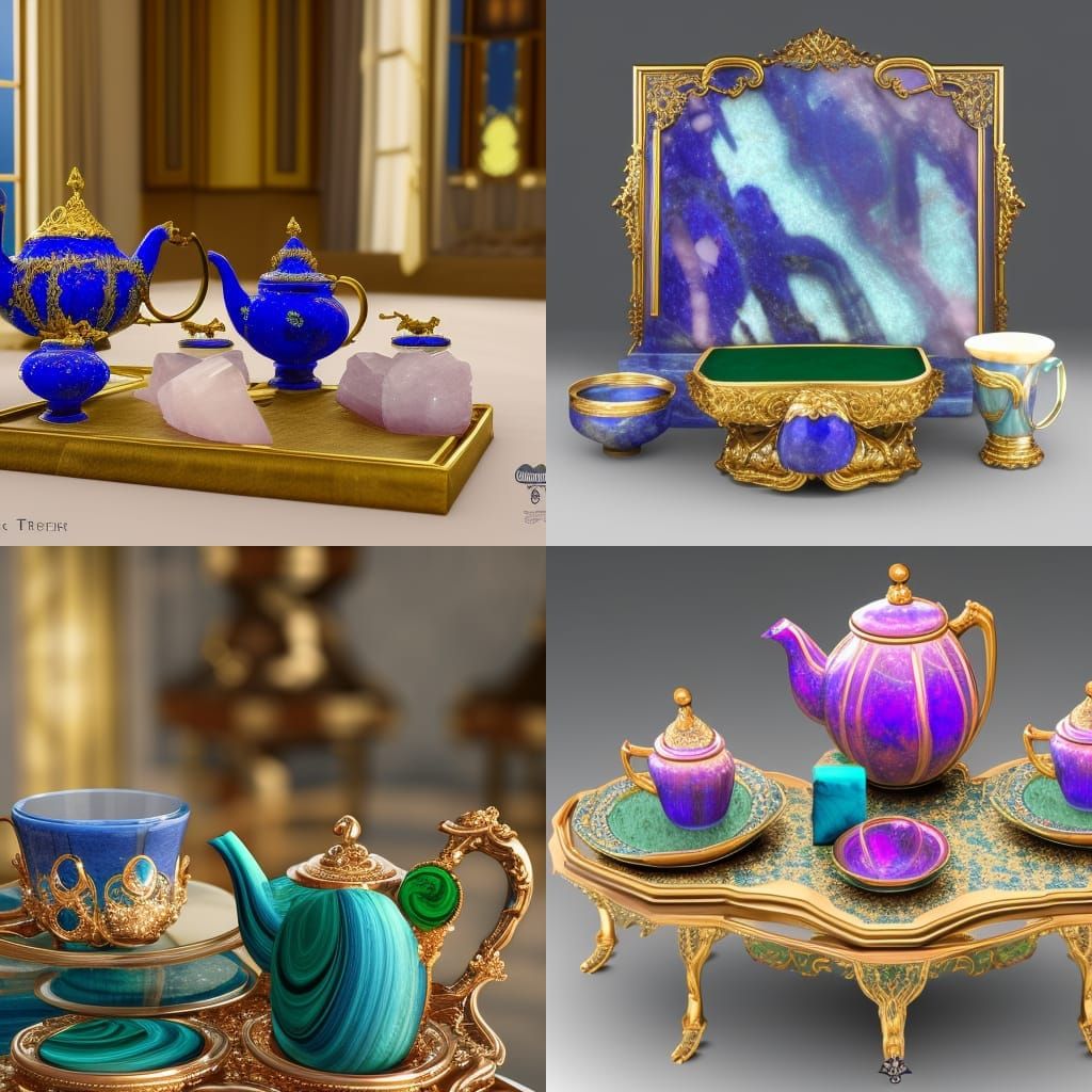 Lapis lazuli, malachite & rose quartz crystal tea set, Ultra...