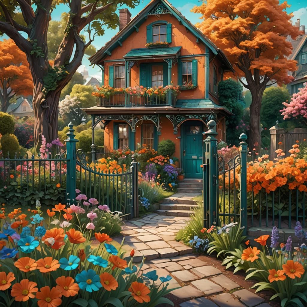 Garden, flowers, a swing. Background a little  old house Rea...
