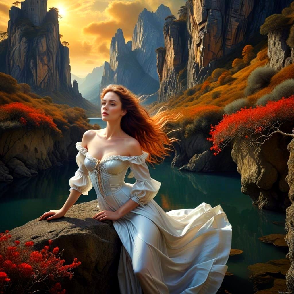 Dynamic Portrait of Woman in Surreal Landscape