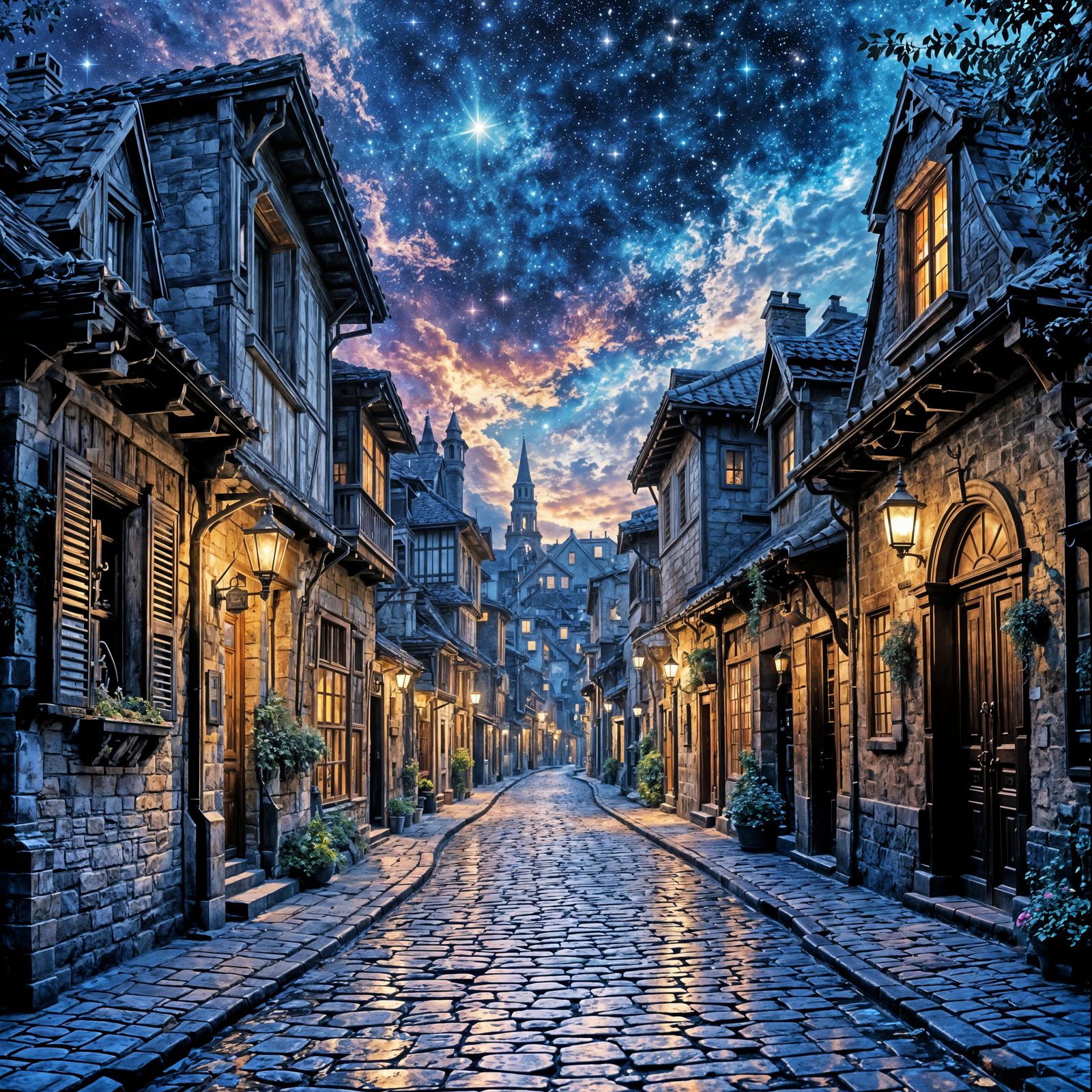Starlit Cobblestone Haven  by @Artificial Artistry