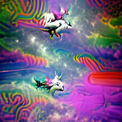 Unicorns flying in space psychedelic