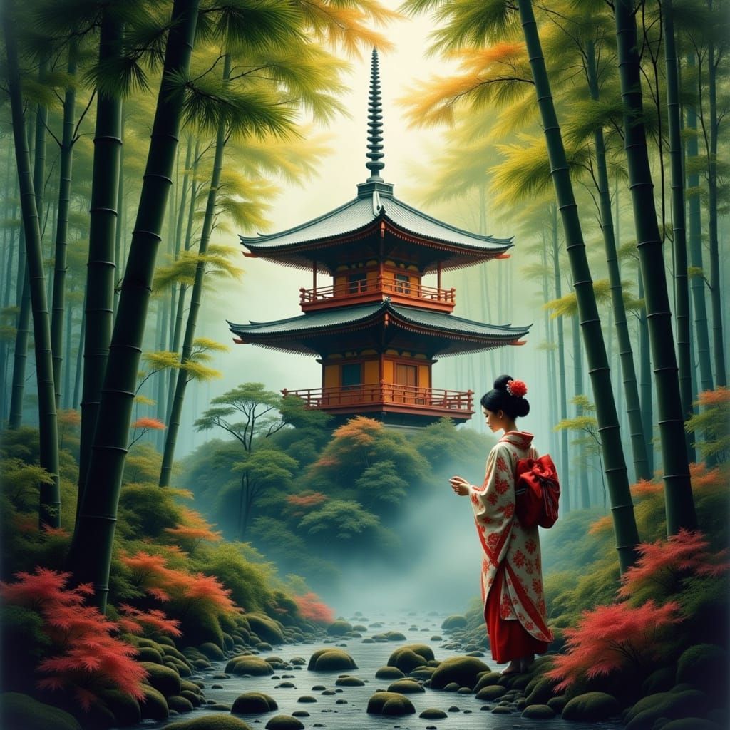 Geisha and Pagoda in Bamboo Forest Double Exposure