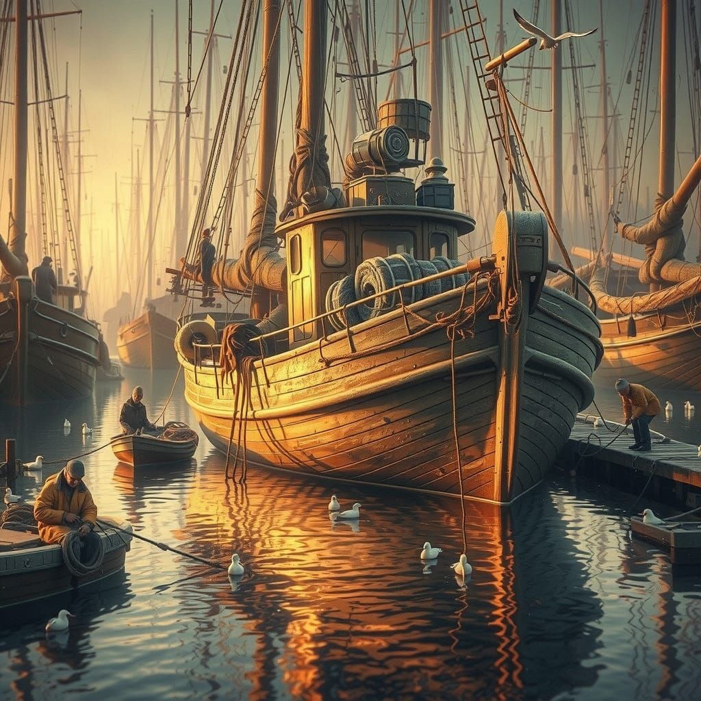 A Small Wooden Fishing Boat Moored in a Quiet Harbor at Dawn  by @RC