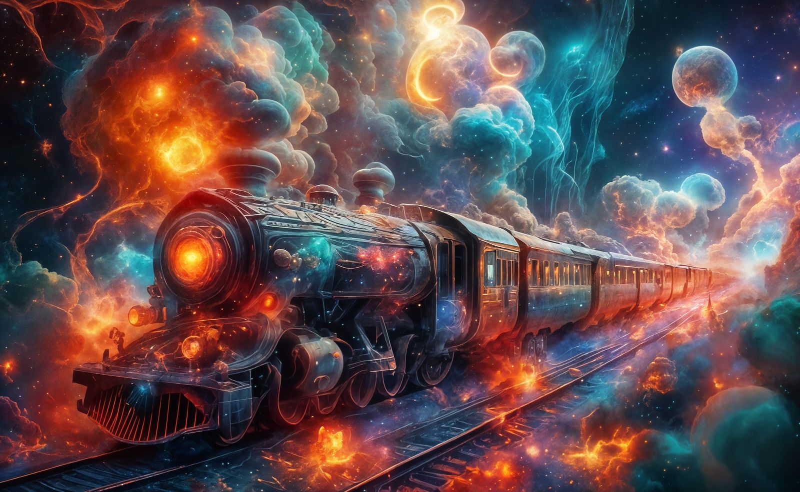 Ethereal Steampunk Space Train in a Vibrant Nebula