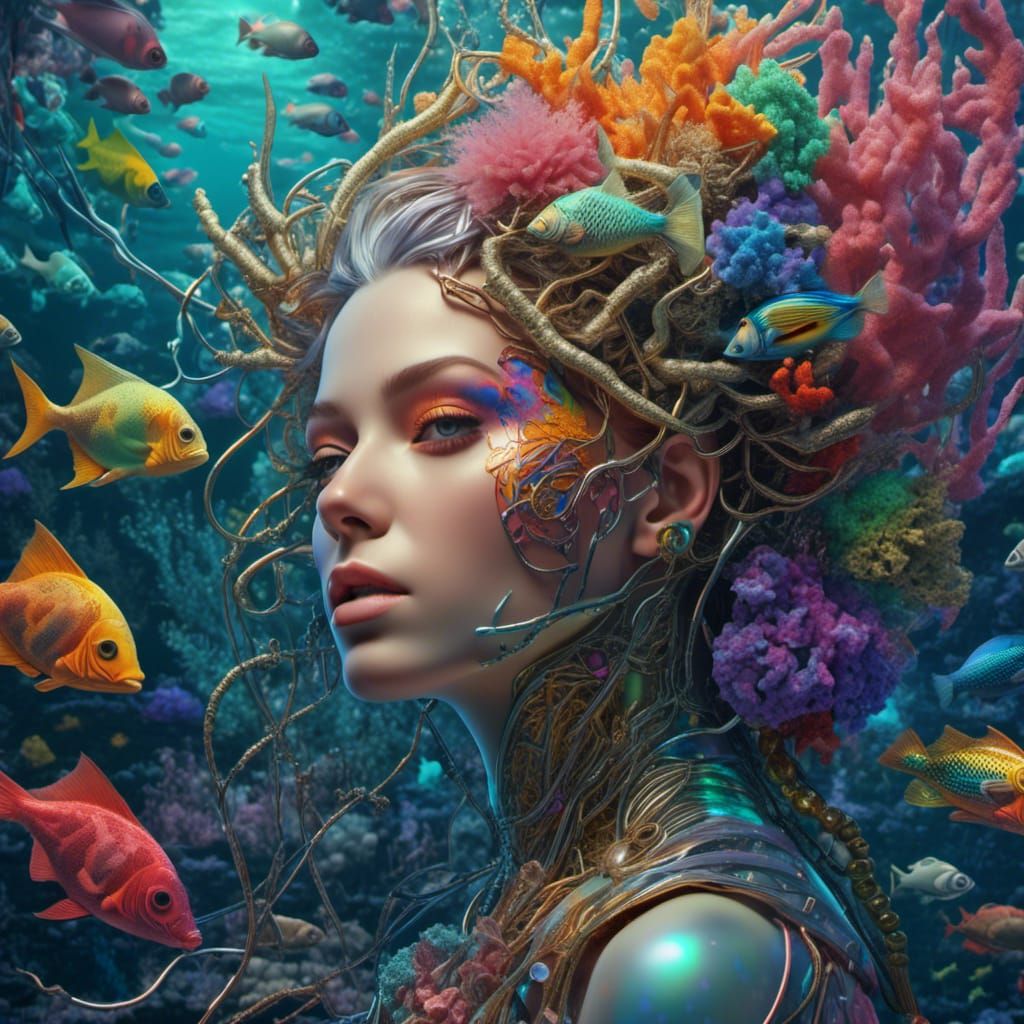 beautiful rainbow goddess woman in the ocean surrounded by intricate corals and fish <lora:Intricate Android:1.0> 