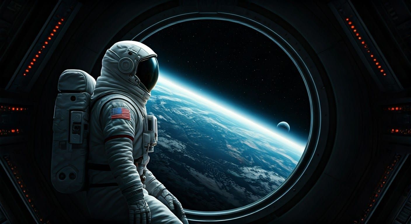 An astronaut sits in a spaceship and looks out the spaceship window, which shows the Earth in the distance. ...  by @Wycca