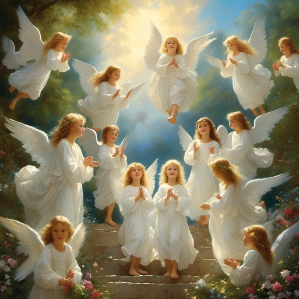<lora:Beautify:1.0> View of angels watching  their children ...