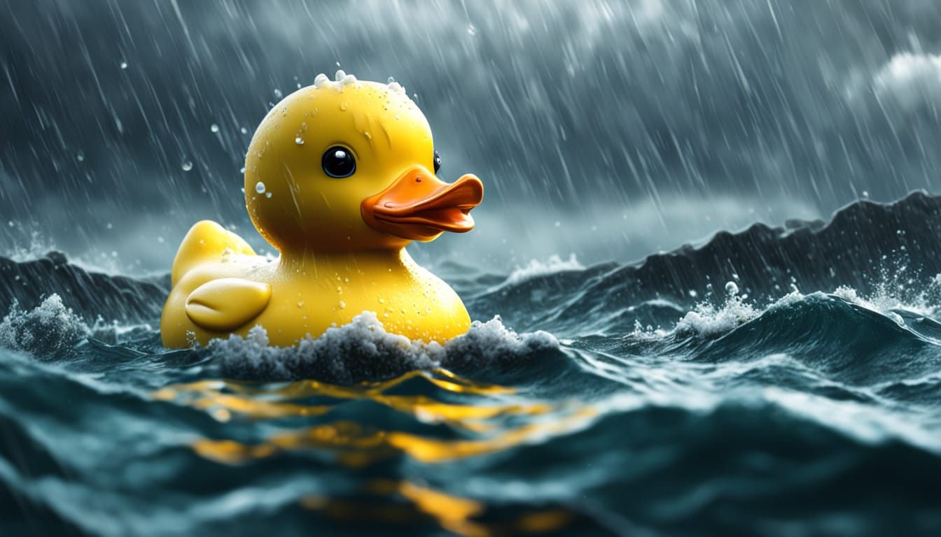 Rubber duck in the middle of the ocean; it’s raining heavy; in the style of Alex Alemany, illustration ...  by @morr5750