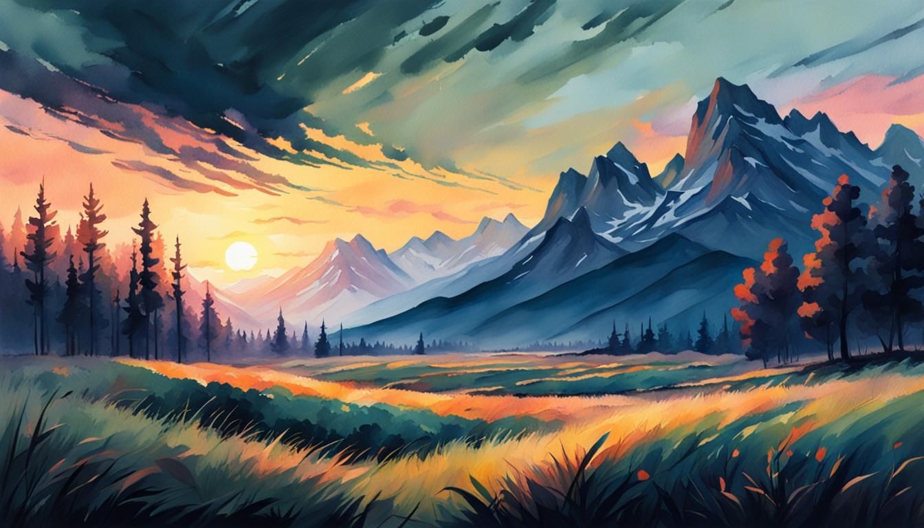 Sunset Field Watercolor Painting with Mountains