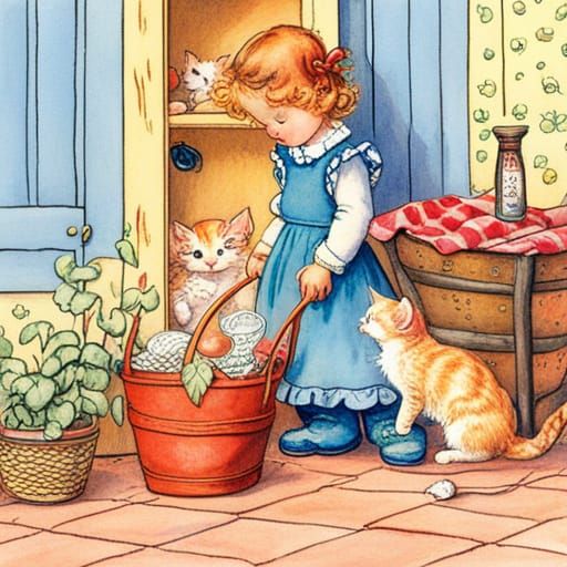 a  blue kitchen cupboard full of kitten, by, Lisi Martin, an...