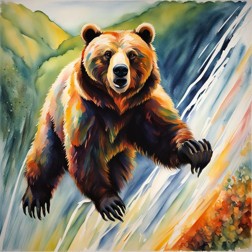 Grizzly bear, bungee jumping, wet ink, expressionism, iridescent