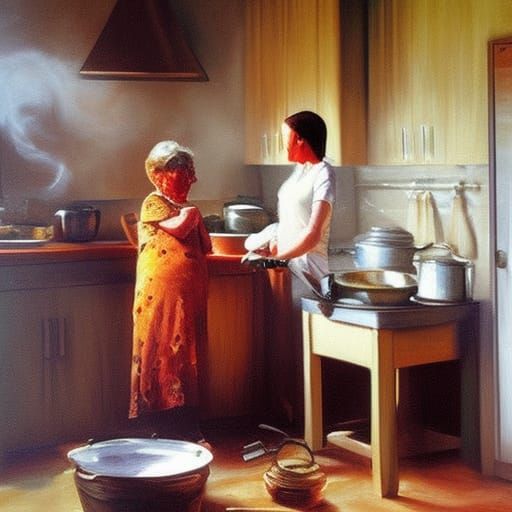 An old mother is  cooking