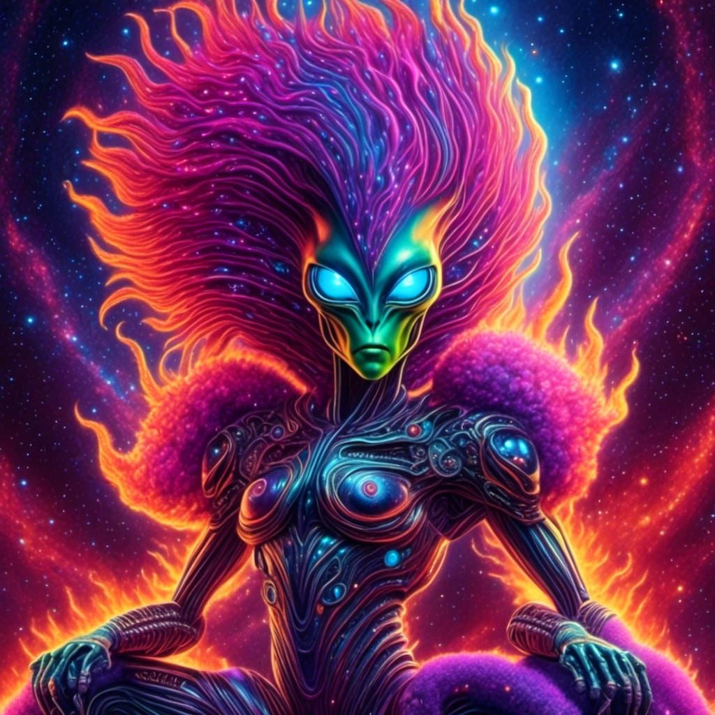 alien with visible musculature, wild yarn-like hair, holding lase_rgun sitting on a rocket with flames | soft sparkle mist, vibrant cosmic c...