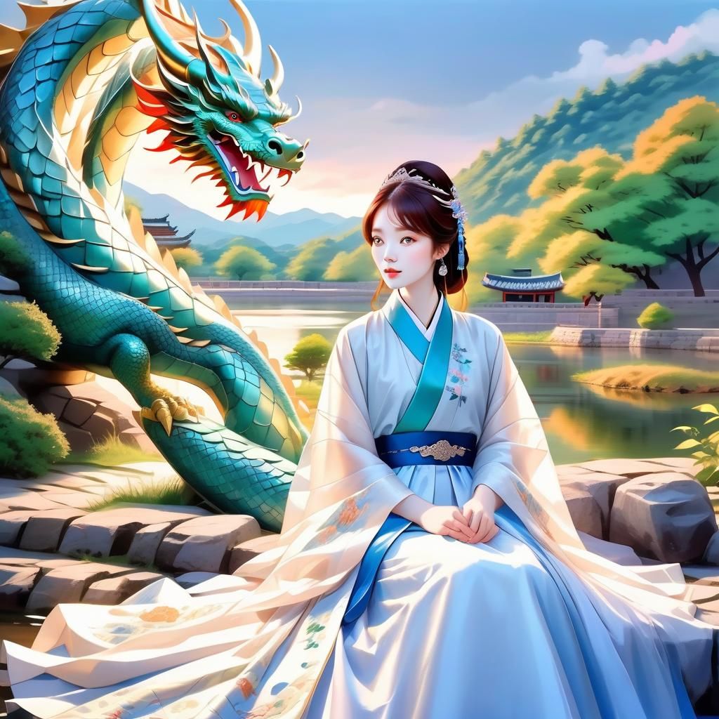 Beautiful princess with pale skin and mahogany hair, in kore...