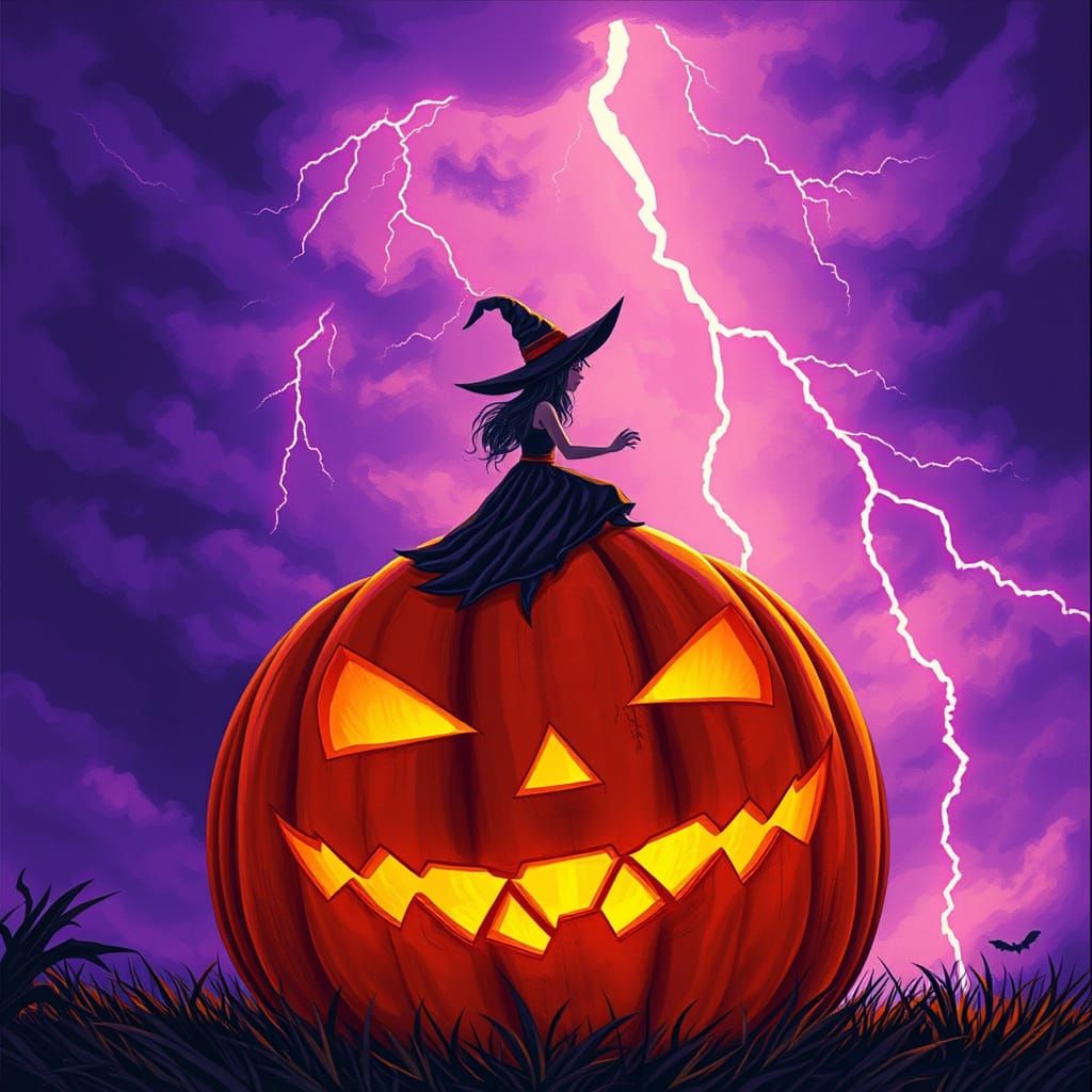 A dark fairy tale illustration of a witch girl on a colossal glowing jack-o'-lantern under a stormy, lightning-streaked purple sky. Vibrant ...