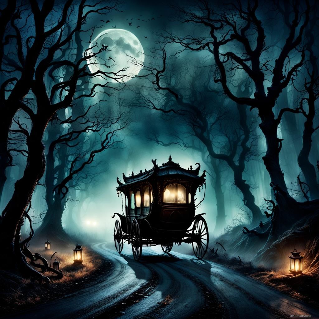a carriage travels in Transylvania in the night of full light and scary creatures creating a creepy atmosphere


