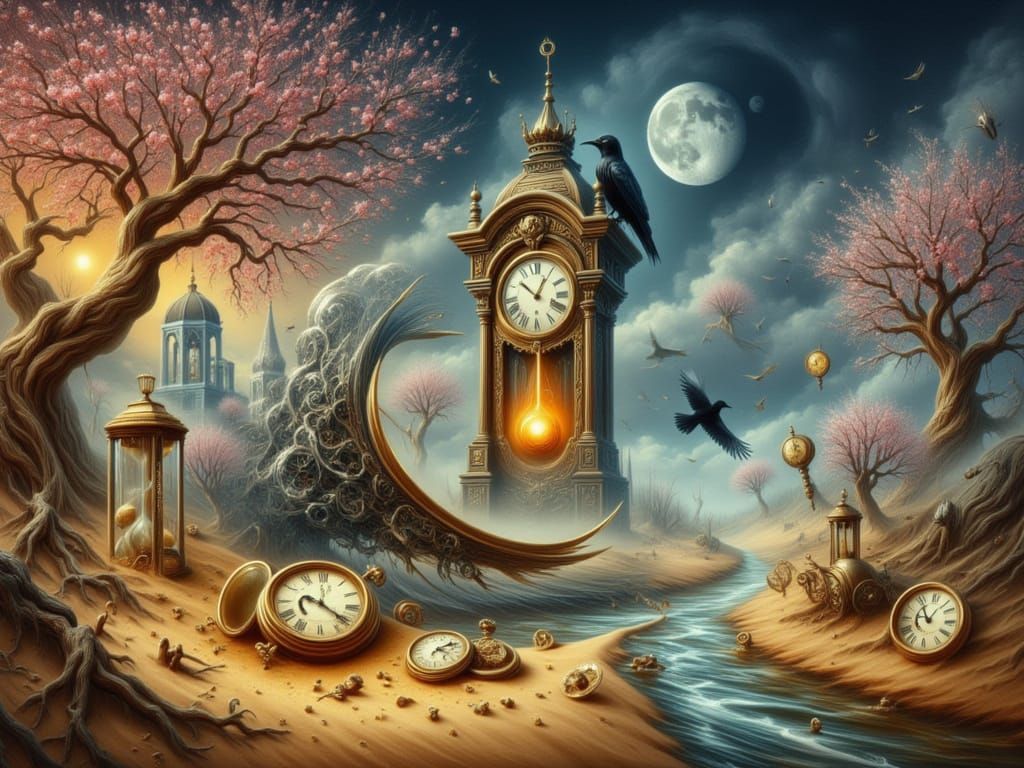 <lora:FiosTimeWarp:1.0> Imagine a haunting surreal scene where the very concept of time appears cracked and shattered. A magnificent antiqu...