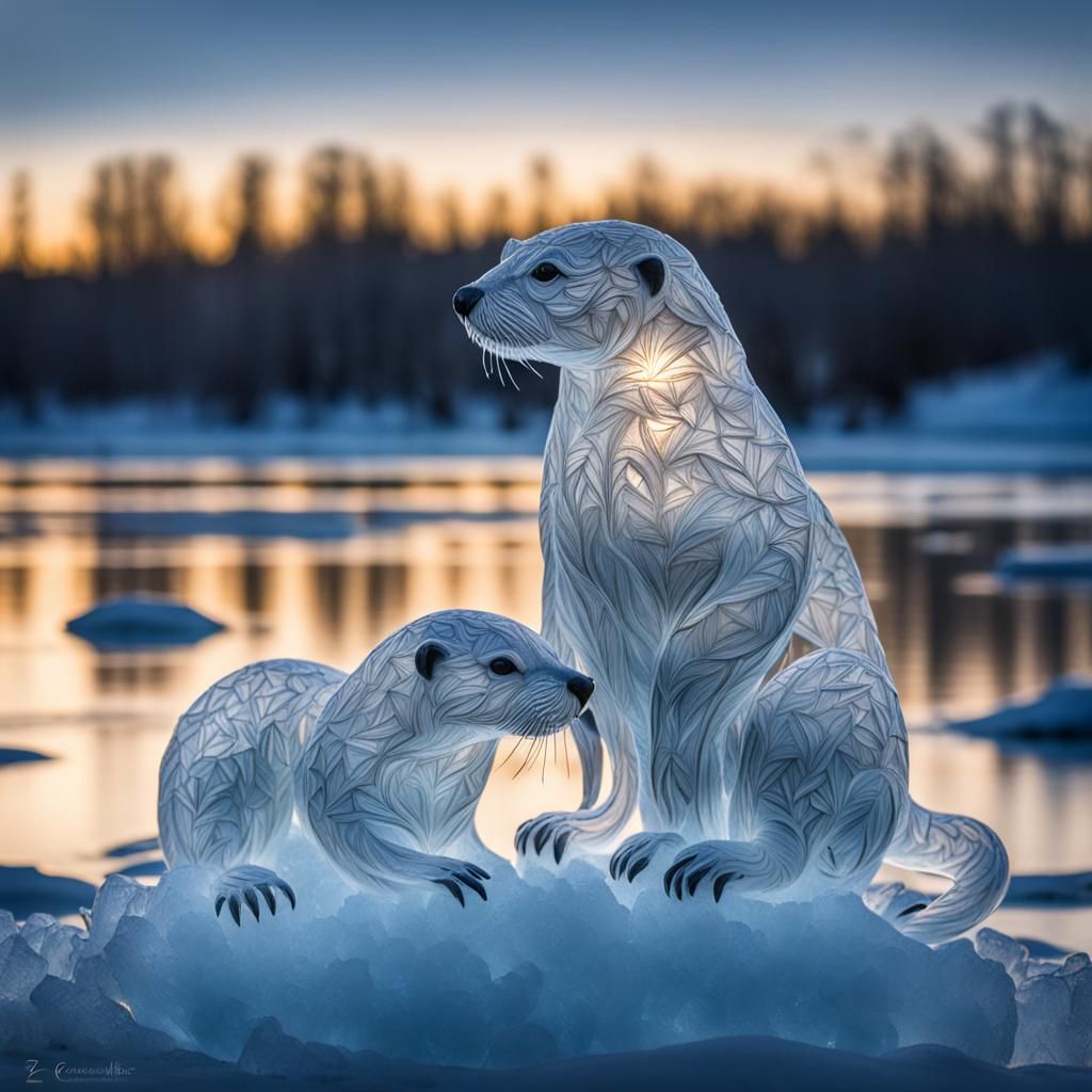 very detailled otters made from ice, ice sculpture, on the shore of a frozen lake while sundown Professional ...  by @Orge_Maus