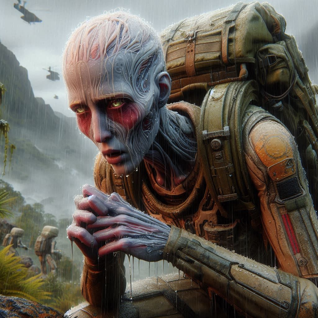 A female albinotic Space Marine on an endurance march on a j...