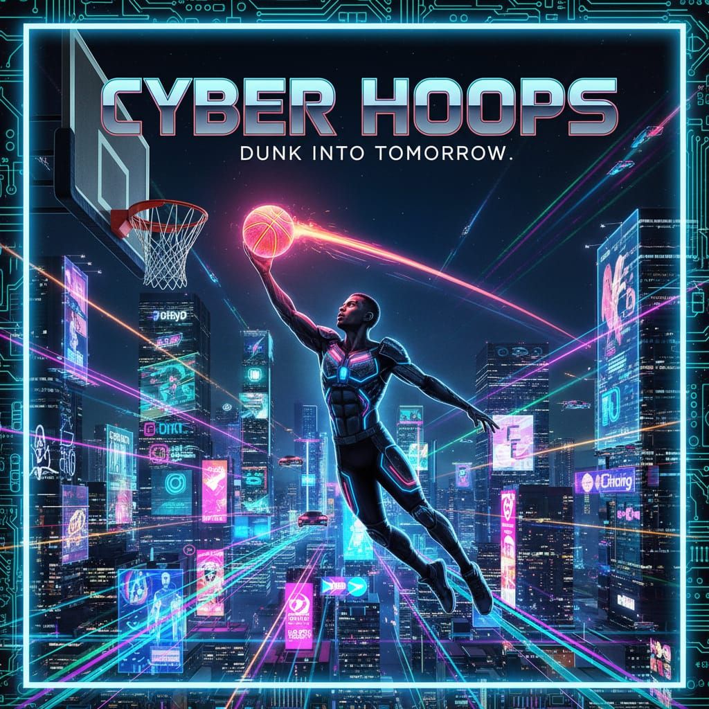 A dynamic sports poster featuring a futuristic basketball player mid-air  by @Selenia Darkangel