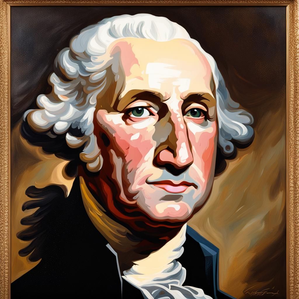 An oil painting of George Washington's face, where the paint is melting ...