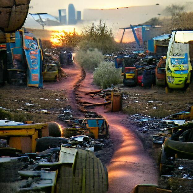 A dusty path through the scrapyard at sunset