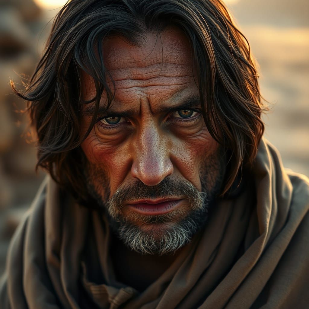 A 40-year-old man with dark brown hair and a worn, weary exp...