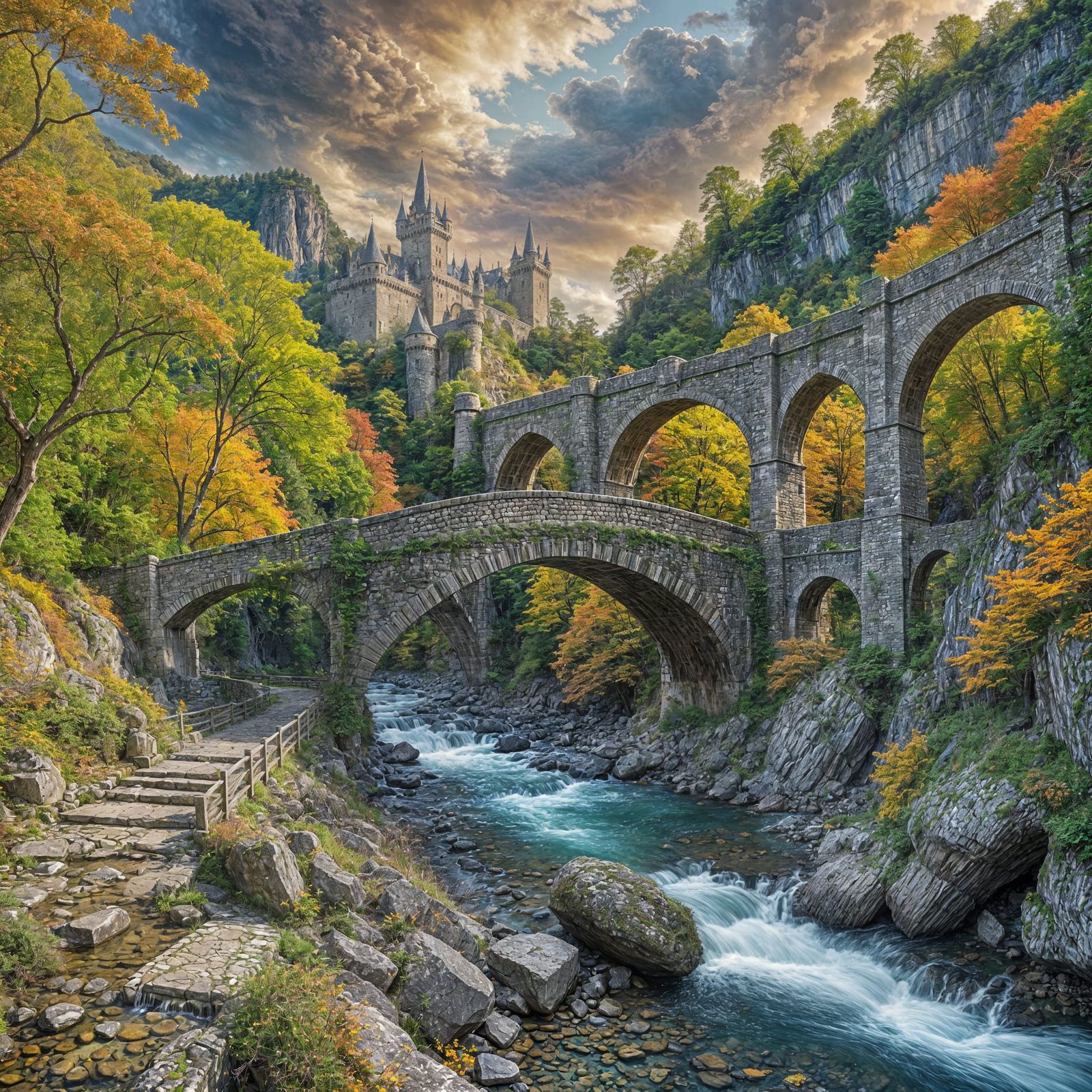 Majestic Mountain Castles Connected by Stone Bridge