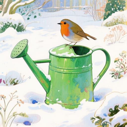 A little robin sitting on a big, green watering can on a snowy, winters day in a garden. maximalist beautiful watercolor