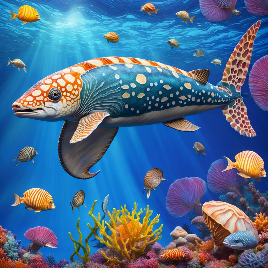 Ichthyosaurus swimming in the ocean next to colourful Nautil...