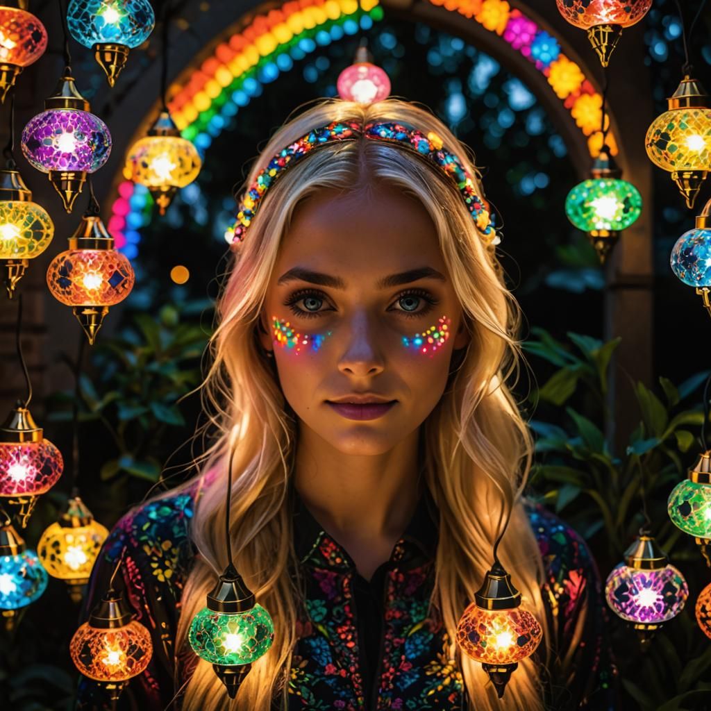 A stunning blonde girl in the dark with gorgeous coloured Ra...