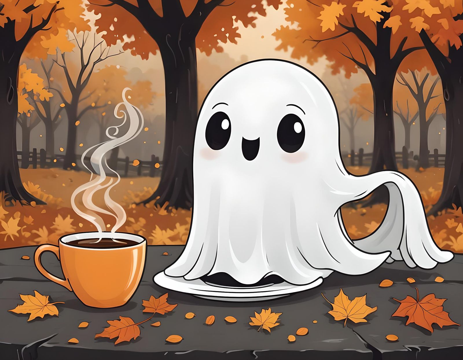 cute ghost with fall background drinking coffee