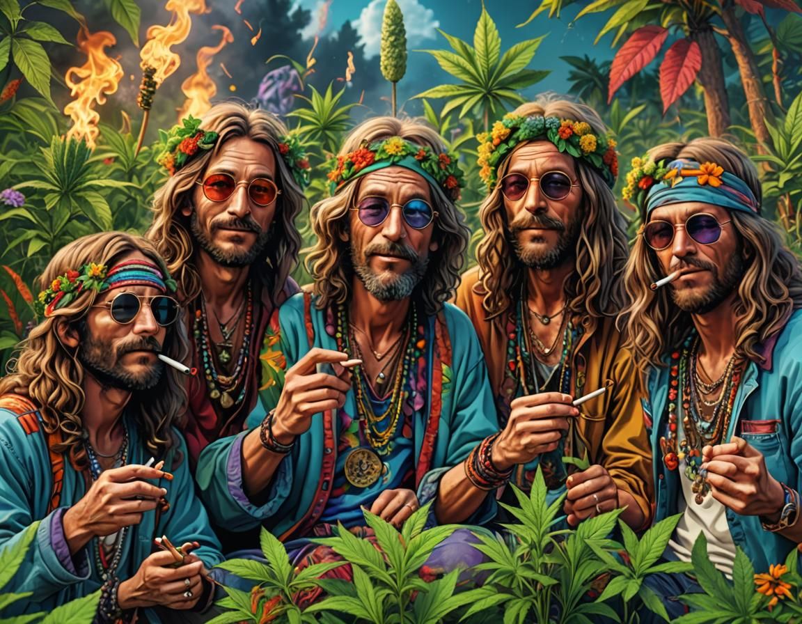 The high five on 4/20 Five hippies smoking weed photorealistic ...