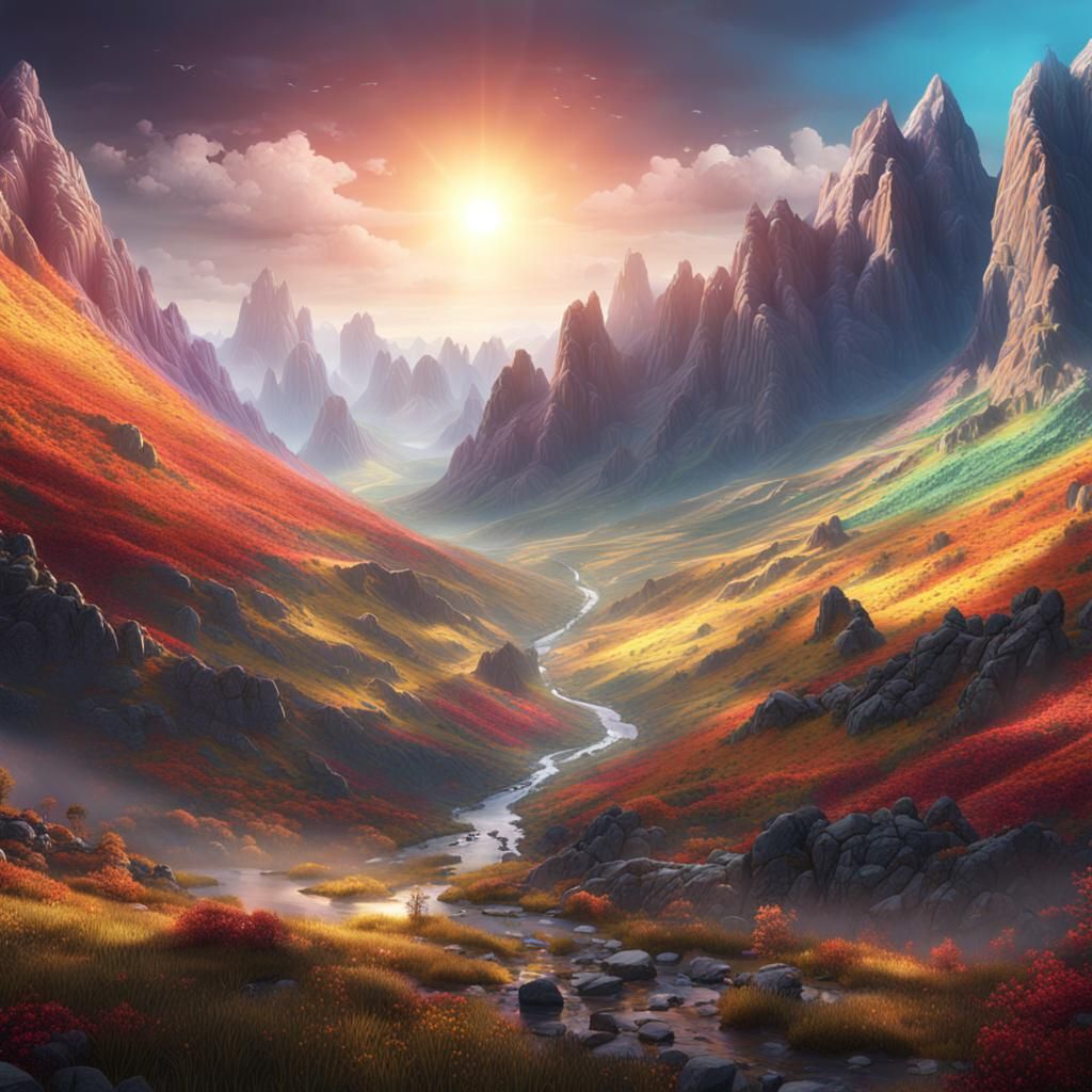 sunshine over a colourful mountain valley