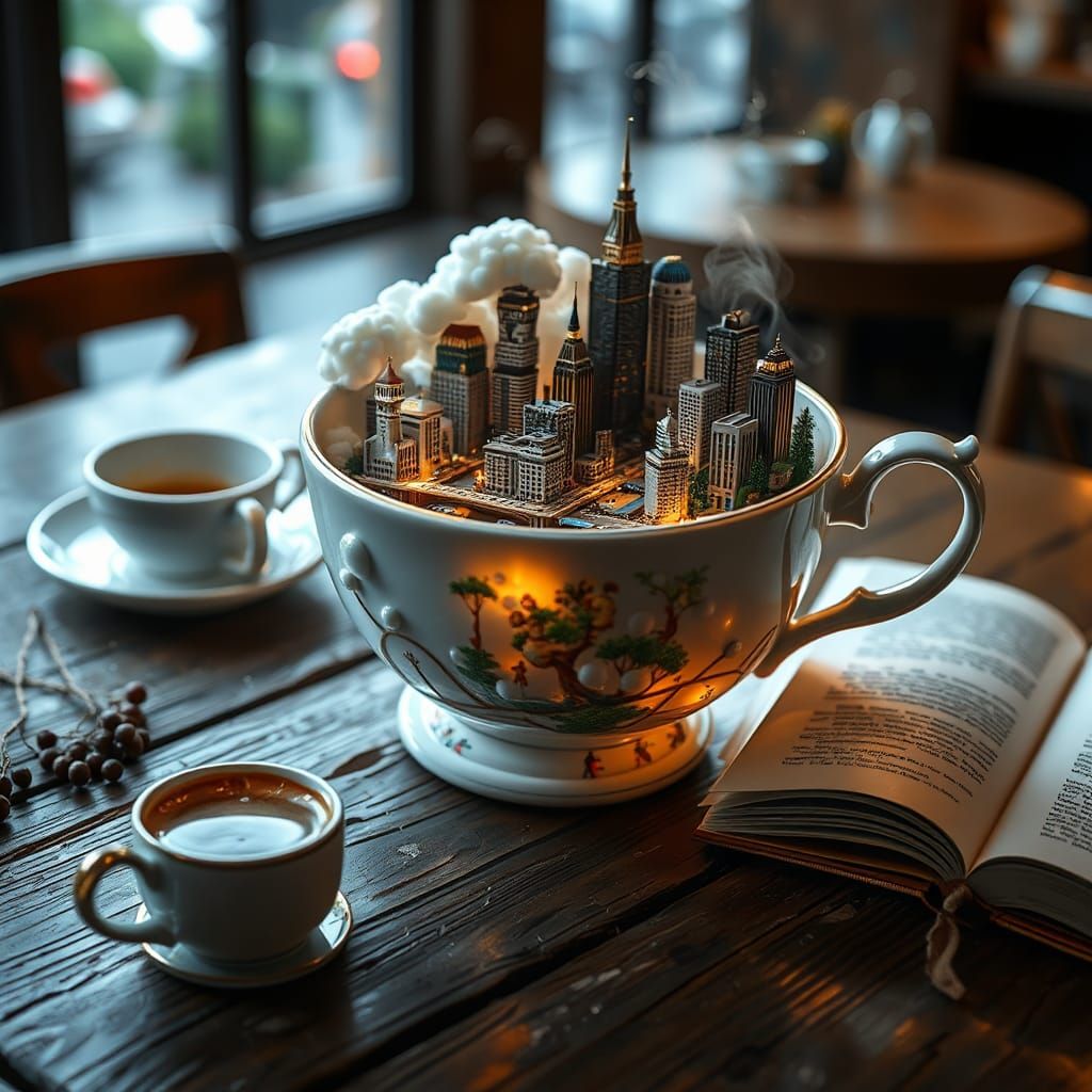 A bustling miniature city entirely enclosed within a heavenly porcelain teacup set on a coffee shop table. ...  by @undefined