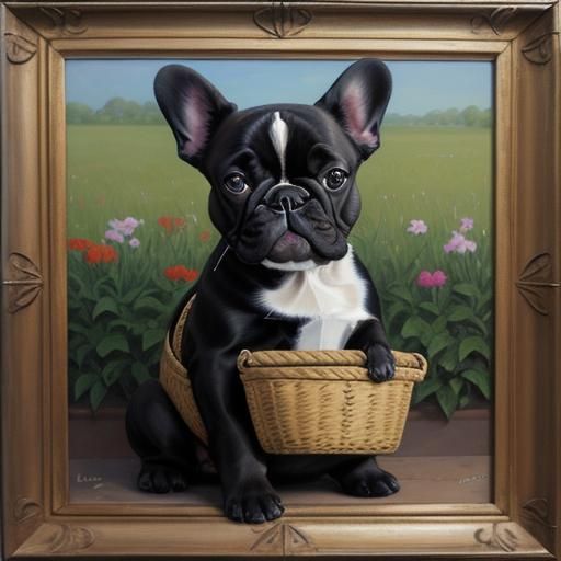 A black tricolour french bulldog sitting in a basket
