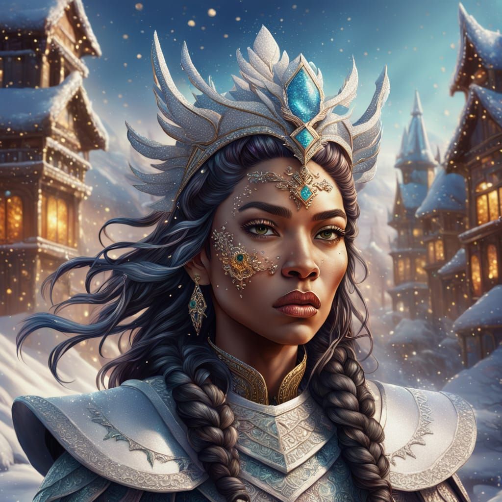 Hyperrealistic Winter Warrior Queen in Glittering Mid Shot