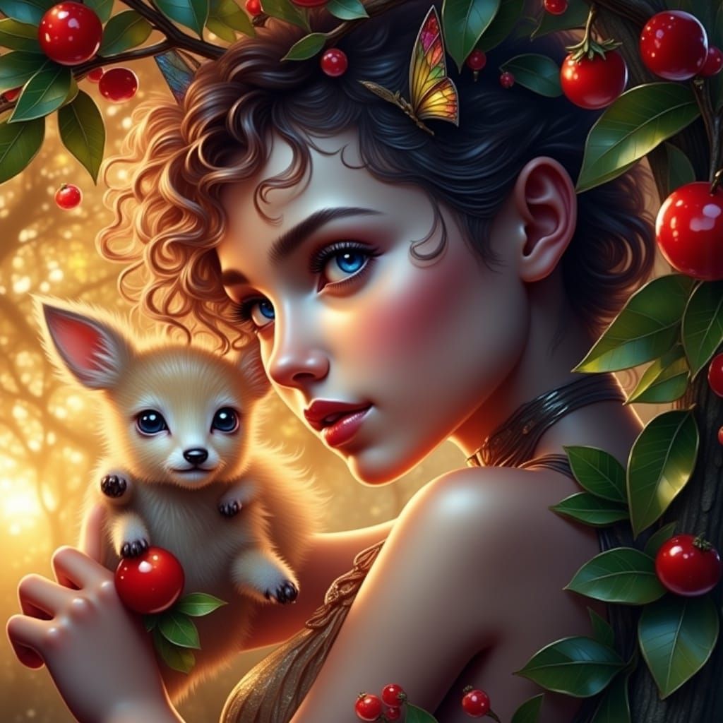 <lora:Broken Glass Flux:1.0> Young deertaur girl picking some fruit from a tree